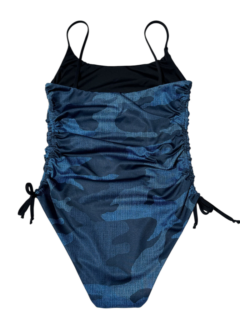 Scrunch one-piece: Denim Camo + Black (SMALL)
