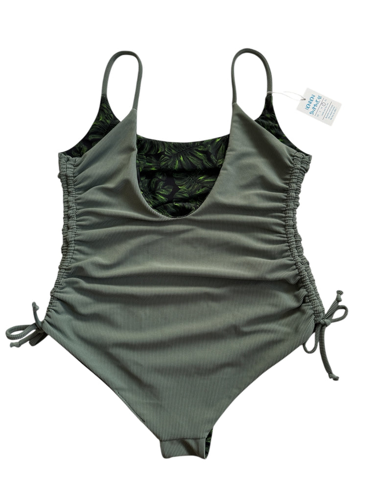 (L) Scrunch Onesie: Dark Monstera + ribbed Sage