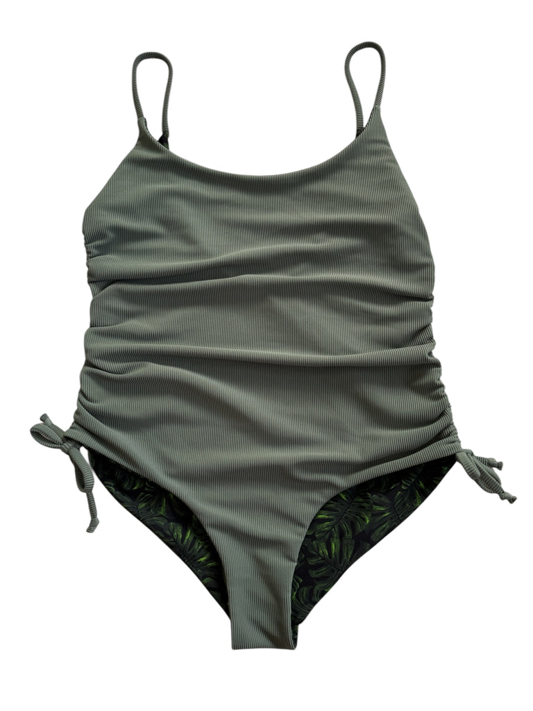 (L) Scrunch Onesie: Dark Monstera + ribbed Sage
