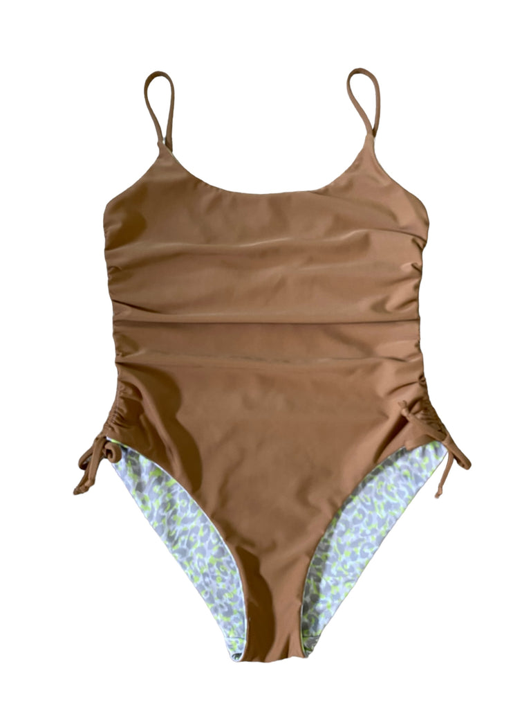 (S) Side-scrunch Onesie: Lime cheetah + Mocha