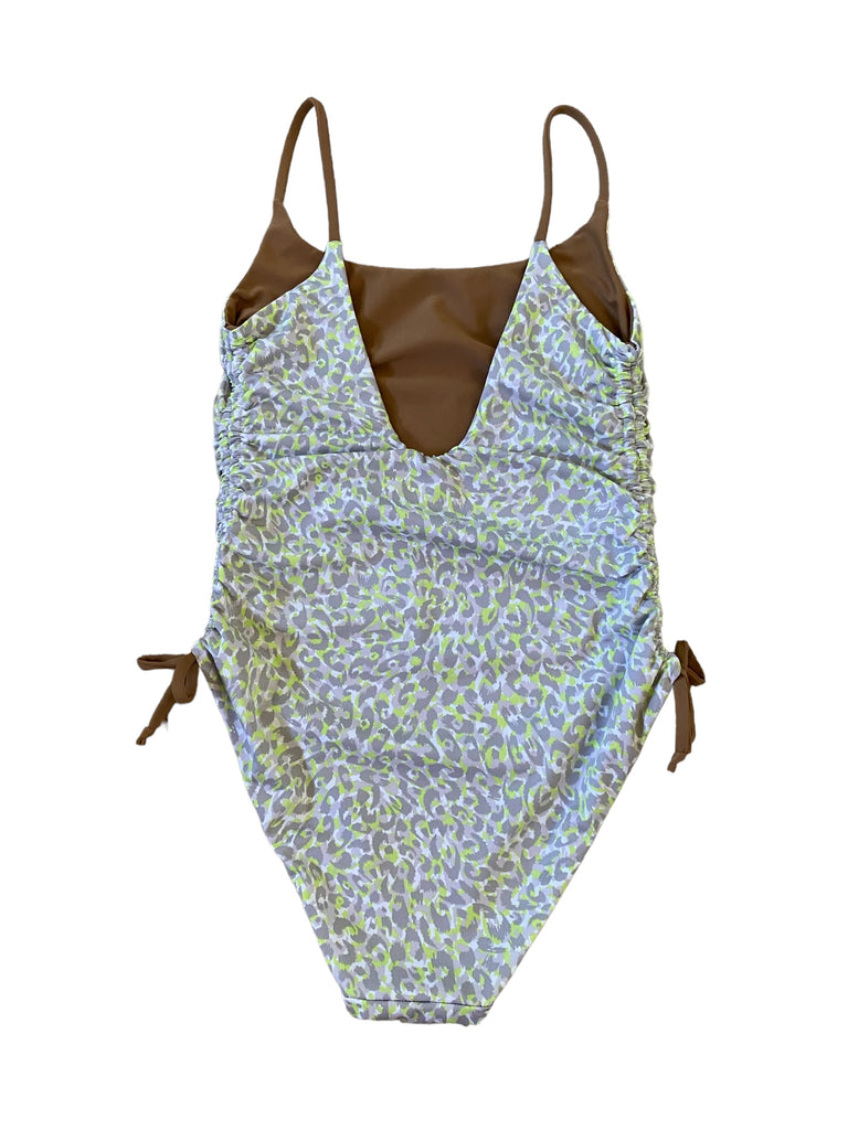(S) Side-scrunch Onesie: Lime cheetah + Mocha