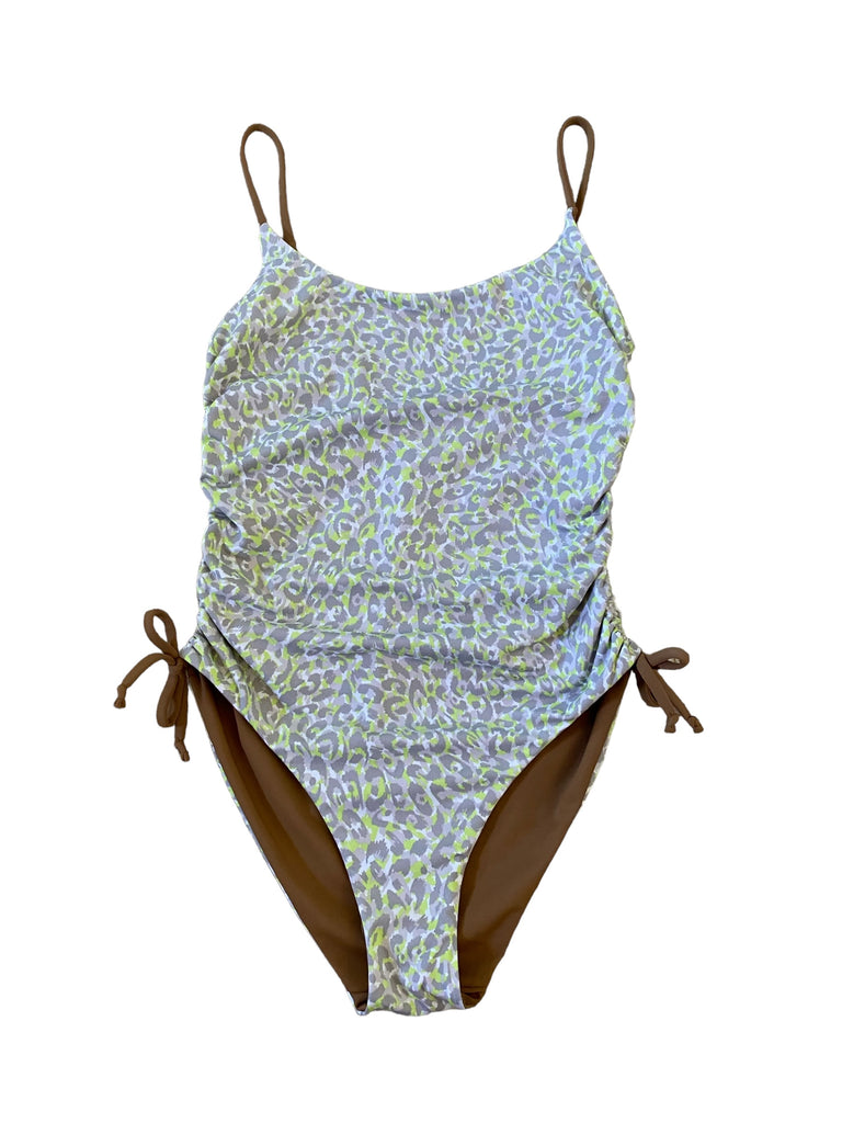 (S) Side-scrunch Onesie: Lime cheetah + Mocha